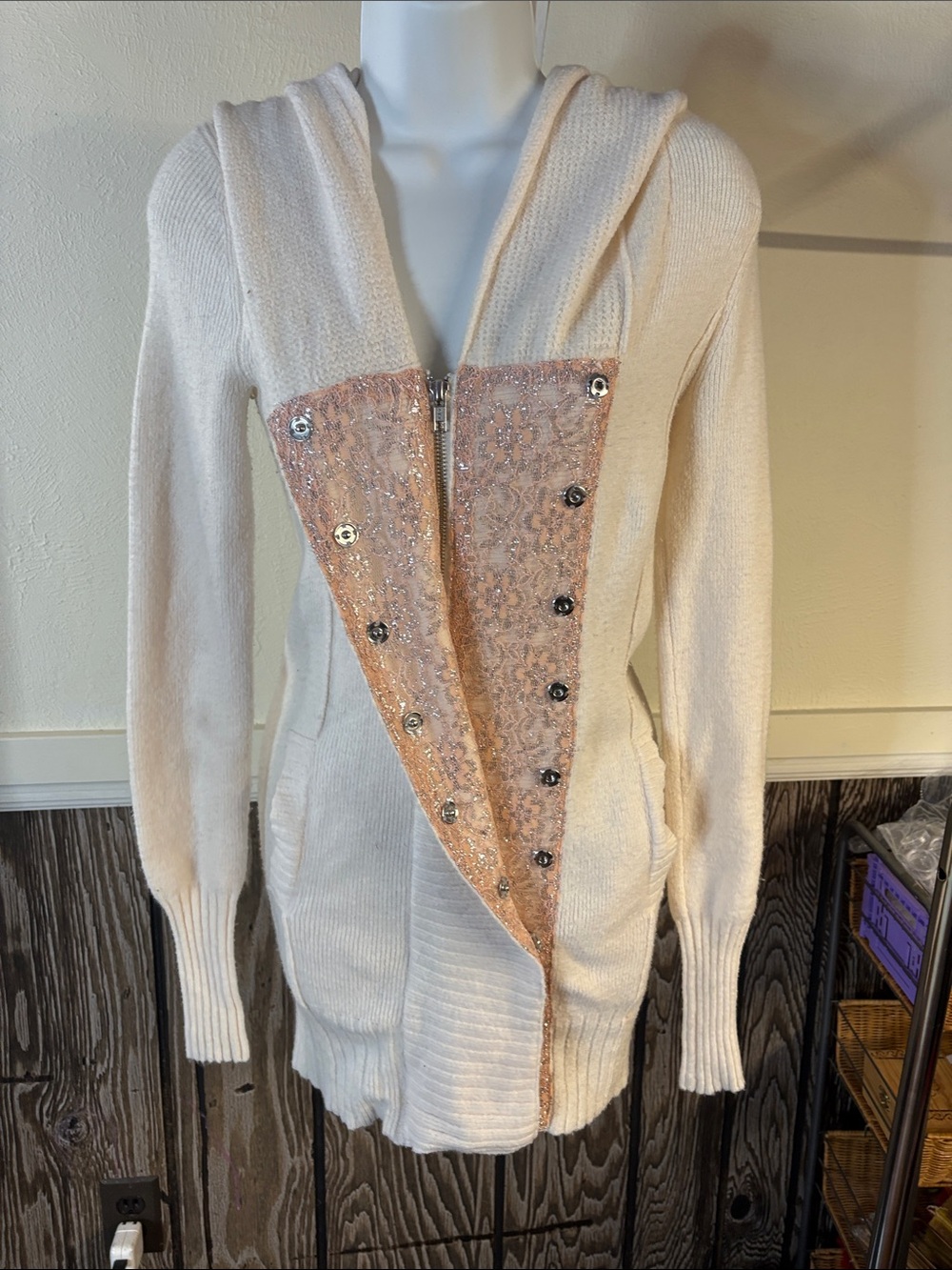 Free People Cream Hooded Cardigan with Blush Lace and Sequin Trim